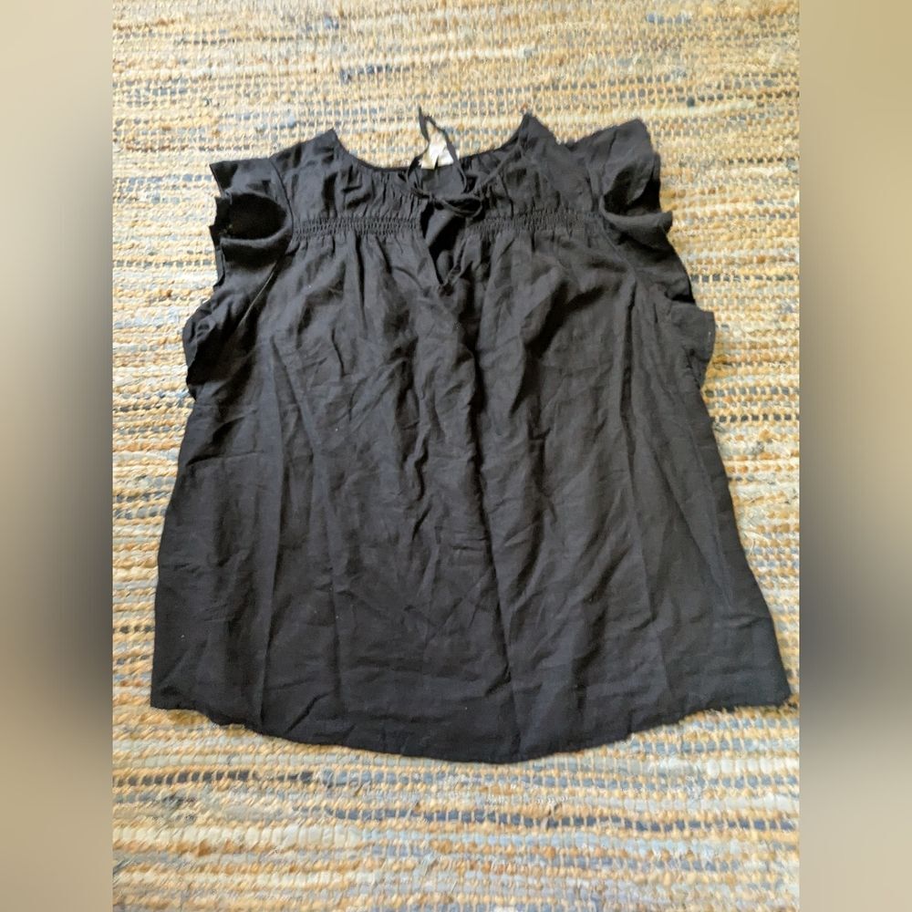 Cynthia Rowley Linen Black Ruffle Flutter Sleeve Blouse 1X Romantic Cottagecore - Picture 2 of 6